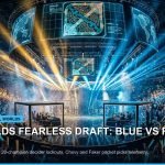 Illuminated tournament main stage with blue and red holographic team banners during draft phase