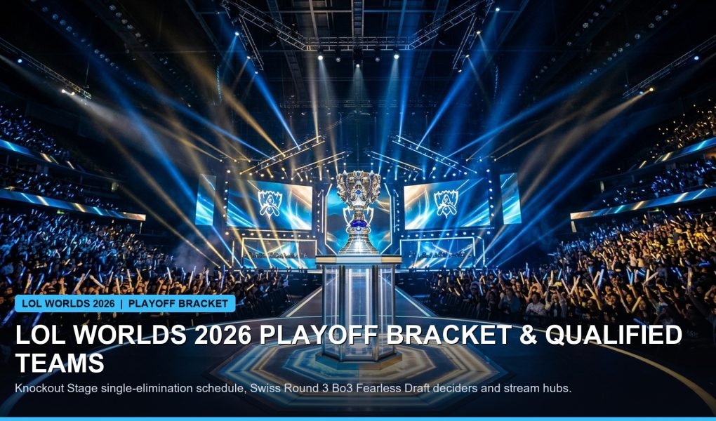 Summoner Cup trophy illuminated on stage at League of Legends World Championship arena