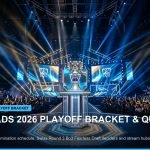 Summoner Cup trophy illuminated on stage at League of Legends World Championship arena