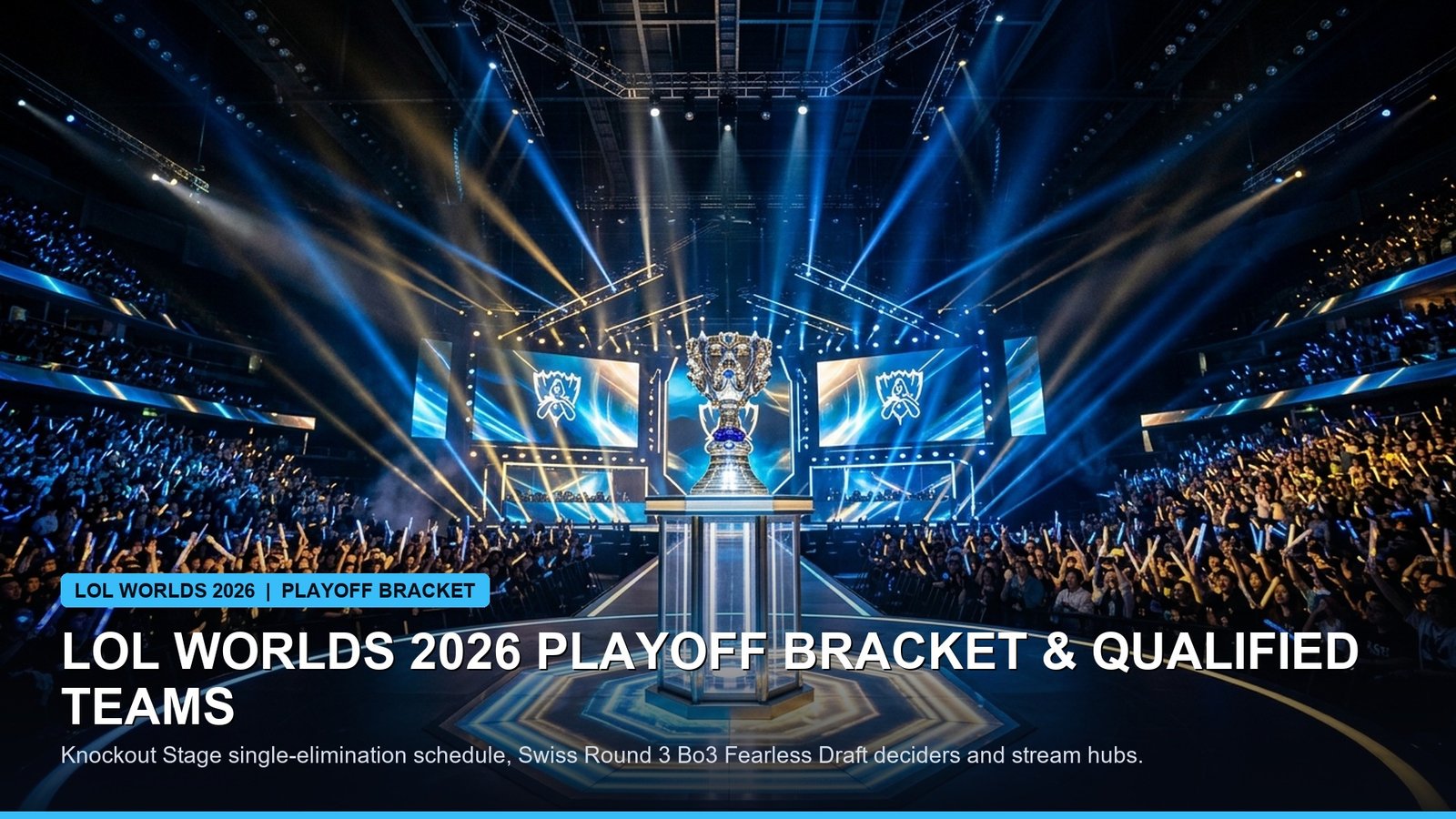 Summoner Cup trophy illuminated on stage at League of Legends World Championship arena