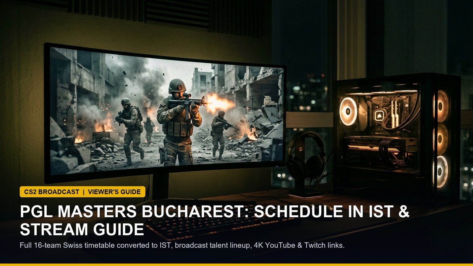 High-end esports PC setup running tactical Counter-Strike 2 match with broadcast overlay