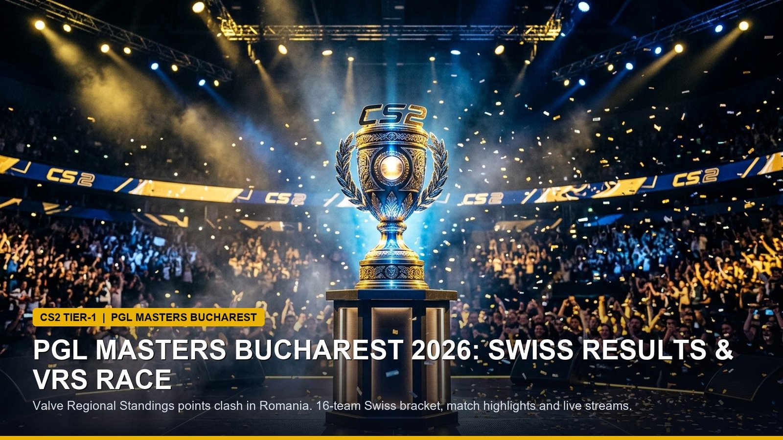 Counter-Strike 2 championship trophy on stage under golden studio lighting at PGL tournament