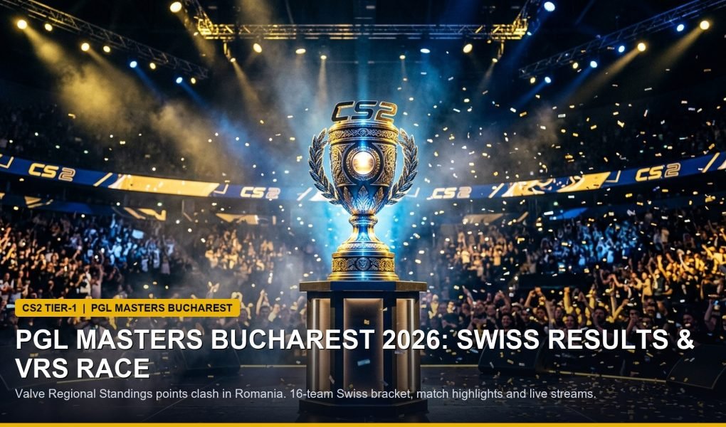 Counter-Strike 2 championship trophy on stage under golden studio lighting at PGL tournament