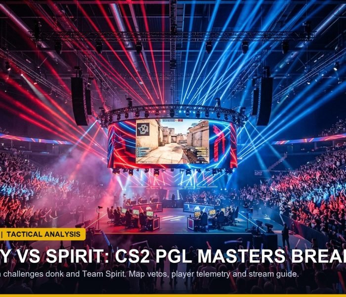 Counter-Strike 2 tactical arena showing pro esports players at illuminated LAN setups