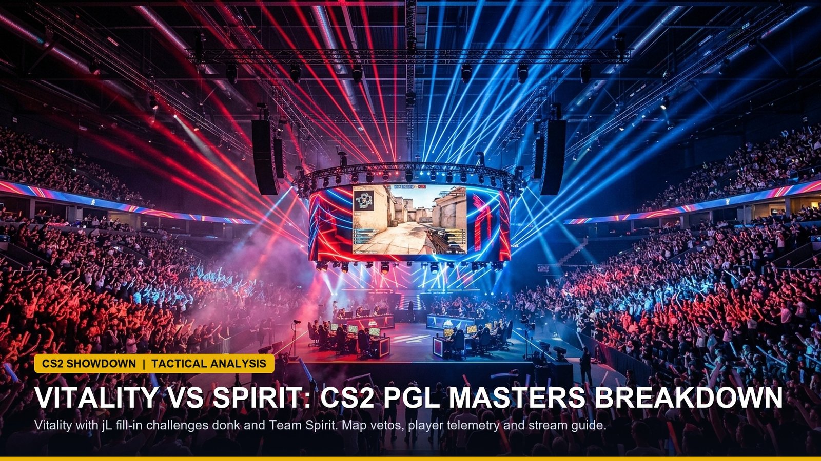 Counter-Strike 2 tactical arena showing pro esports players at illuminated LAN setups