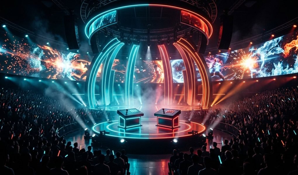 Tekken World Tour TWT 2026 championship stage with combat stations arcade fightsticks and vibrant neon arches