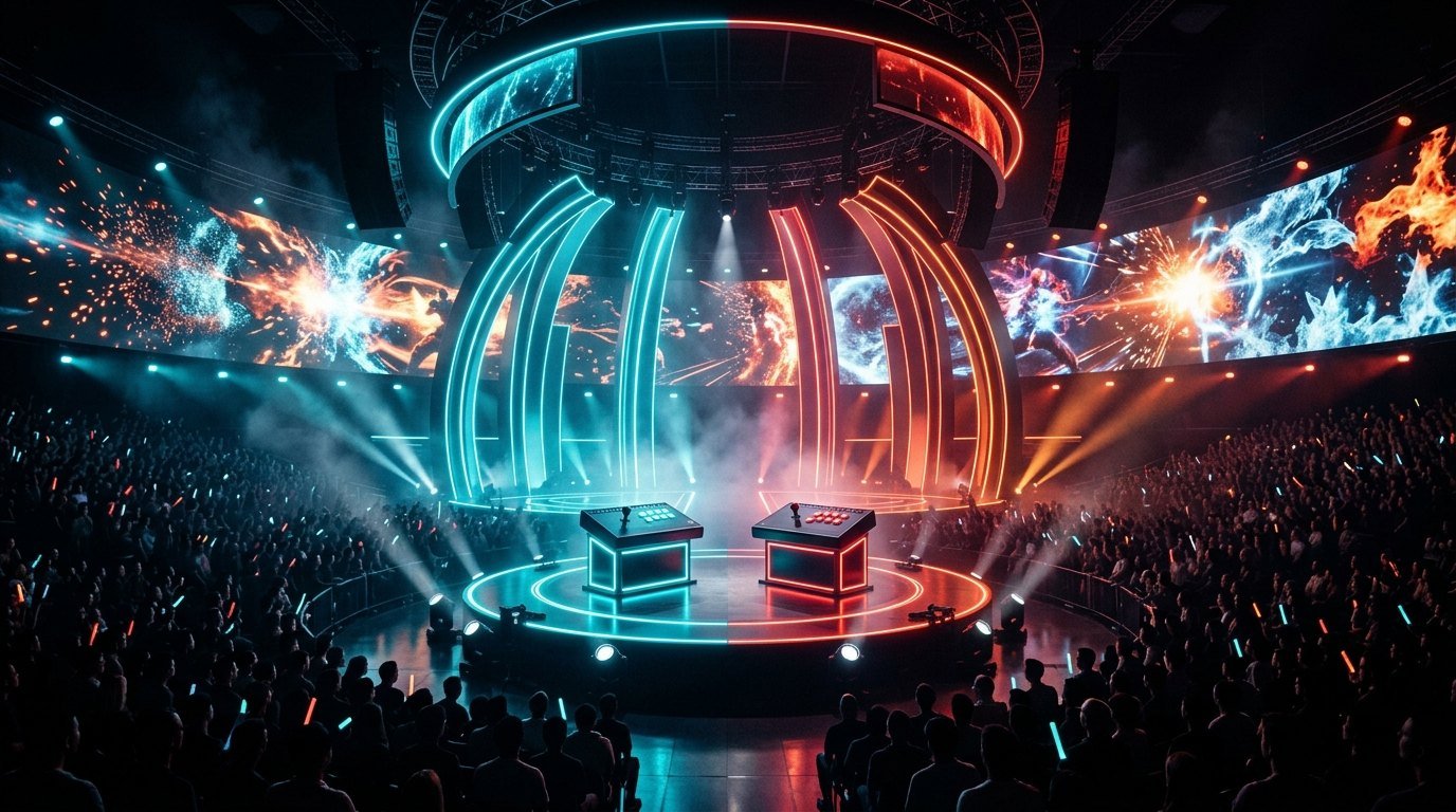 Tekken World Tour TWT 2026 championship stage with combat stations arcade fightsticks and vibrant neon arches