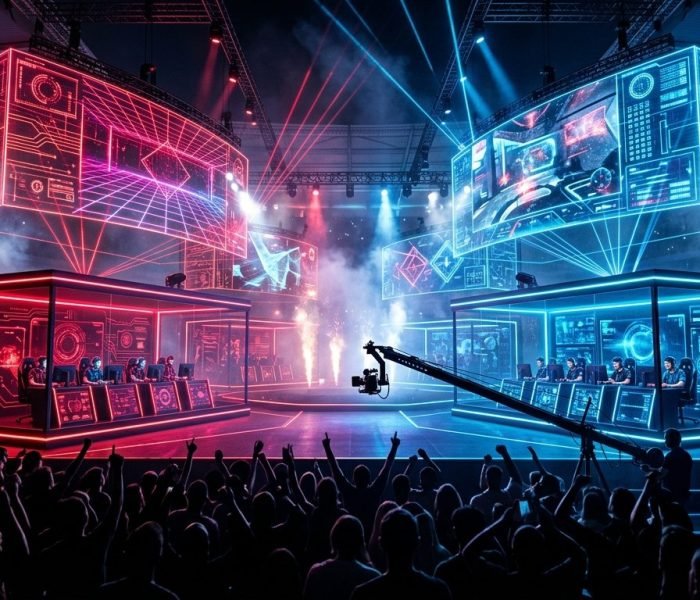 VCT 2026 Off-Season Roster Tracker tactical arena stage with soundproof team booths and vibrant crimson and cyan lasers