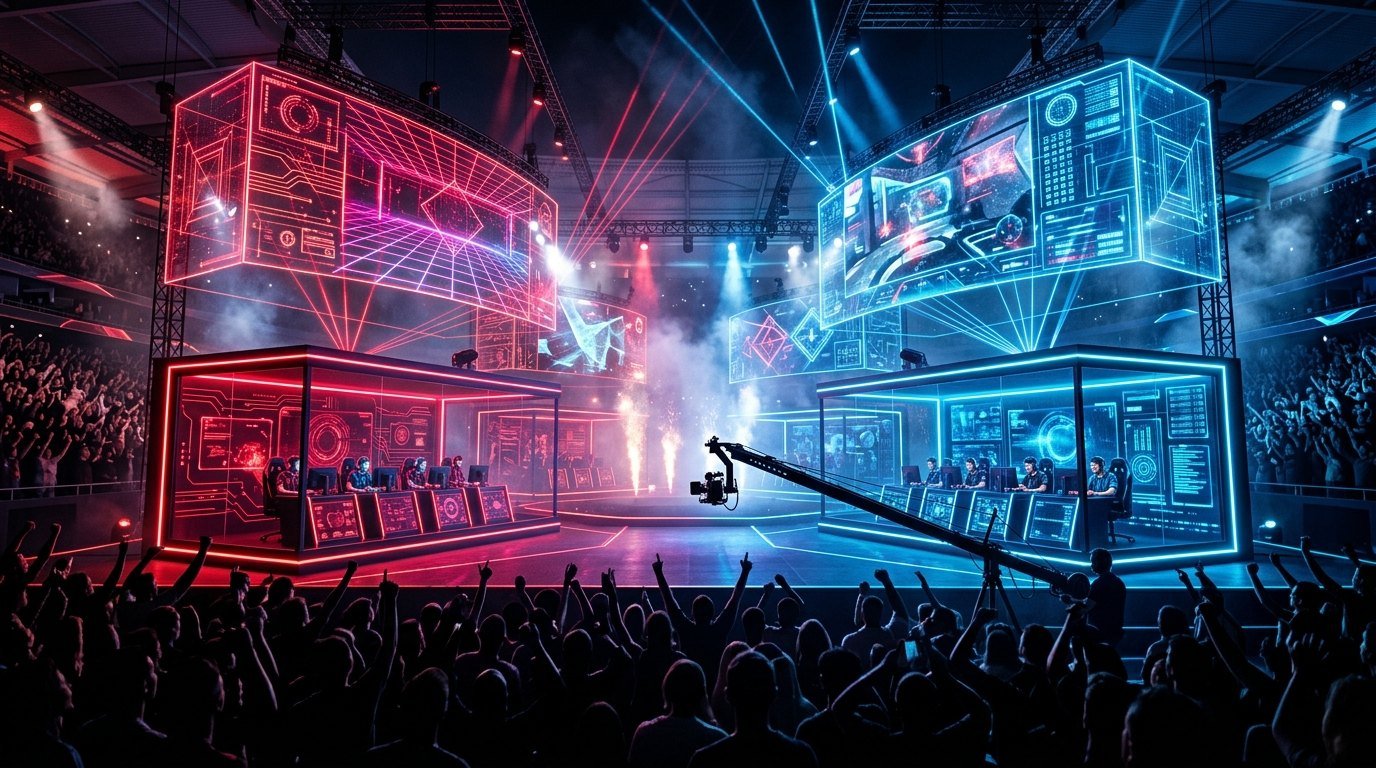 VCT 2026 Off-Season Roster Tracker tactical arena stage with soundproof team booths and vibrant crimson and cyan lasers