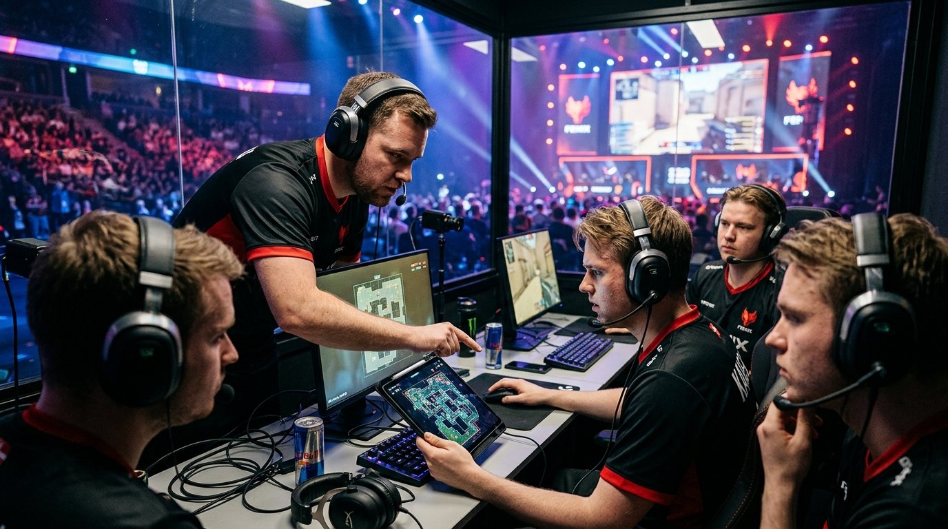 VCT esports coach tactical timeout strategy huddle with team