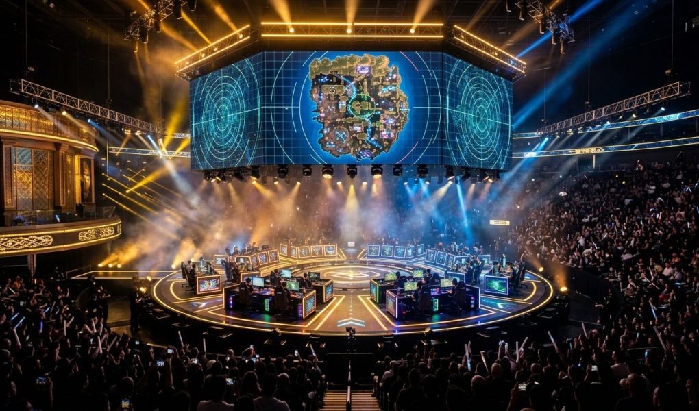 World Series of Warzone WSOW 2026 tournament stage in Las Vegas with circular player stations and giant tactical radar display