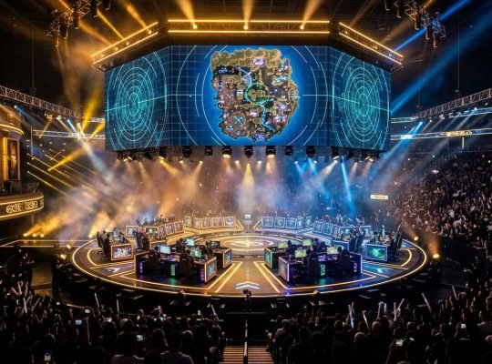 World Series of Warzone WSOW 2026 tournament stage in Las Vegas with circular player stations and giant tactical radar display