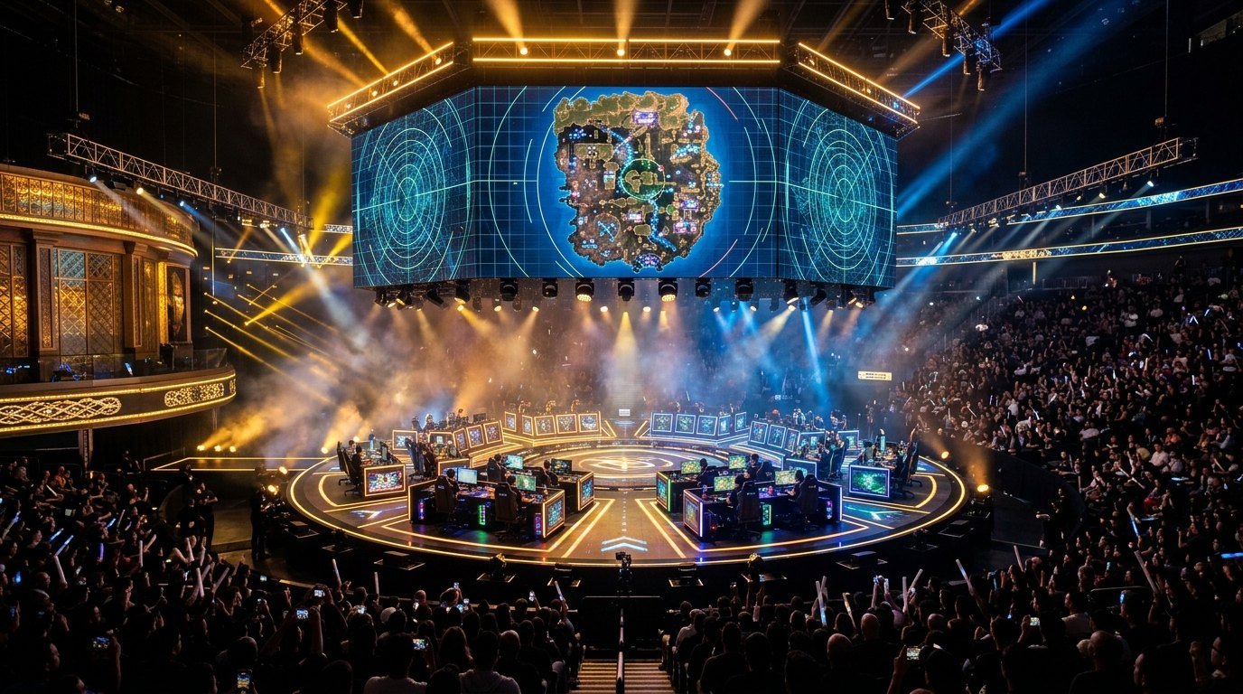 World Series of Warzone WSOW 2026 tournament stage in Las Vegas with circular player stations and giant tactical radar display